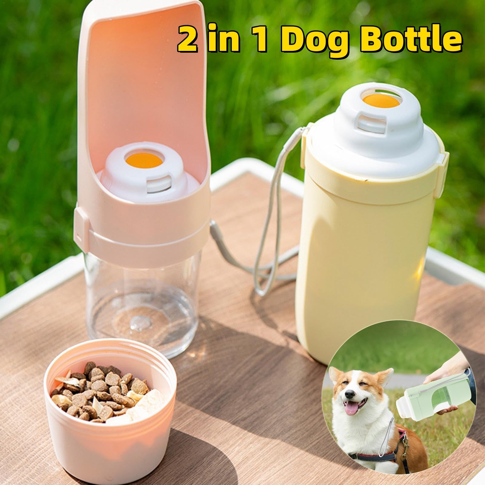 KFX-5085885 2-in-1 Portable Travel Dog Water Bottle and Food Dispenser with Lanyard for Outdoor Use