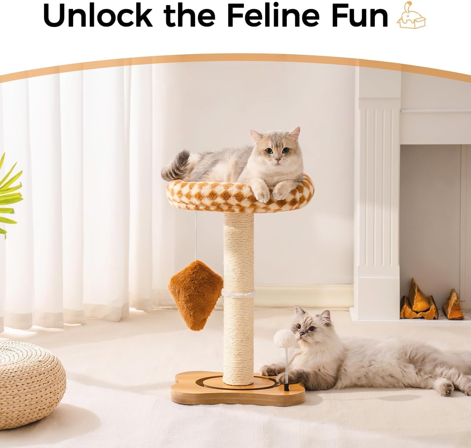 KFX-5094205 Multi-Functional Cat Scratching Post with Cozy Bed, Sisal Scratcher, and Interactive Ball Track for Indoor Cats