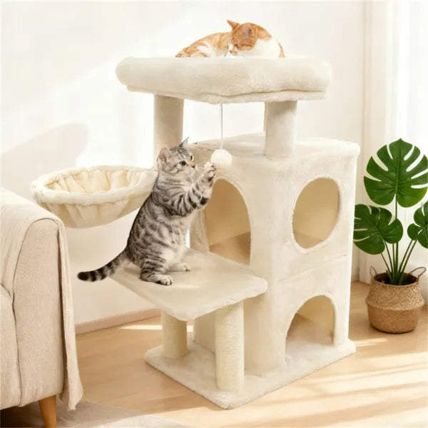 KFX-5095229 Multi-Level Beige Cat Tree with Condo, Sisal Scratching Posts, and Anti-Toppling Device
