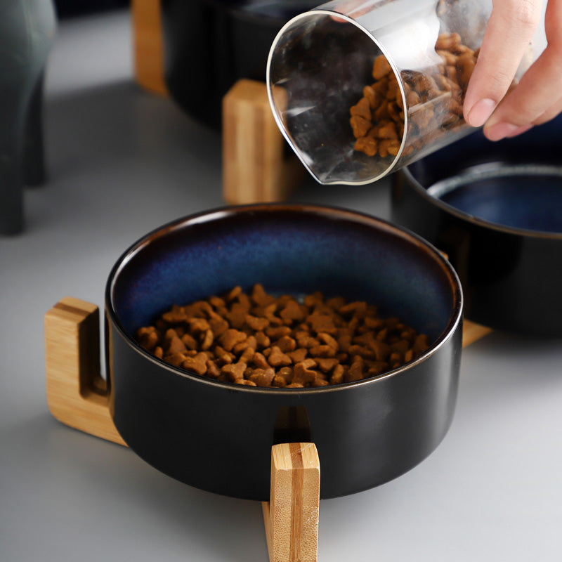 KFX-5095741 Starry Sky Ceramic Cat and Dog Bowl Set with Wooden Frame, Adjustable Capacity 400ml & 800ml