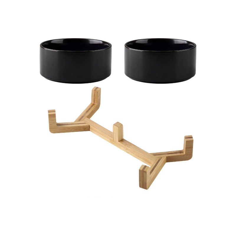KFX-5095741 Starry Sky Ceramic Cat and Dog Bowl Set with Wooden Frame, Adjustable Capacity 400ml & 800ml