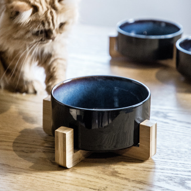 KFX-5095741 Starry Sky Ceramic Cat and Dog Bowl Set with Wooden Frame, Adjustable Capacity 400ml & 800ml