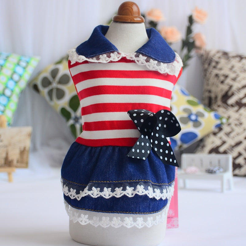 KFX-5096125 Striped Denim Skirt for Pets - Red and White, Princess Style, Multiple Sizes Available