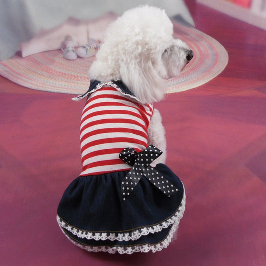 KFX-5096125 Striped Denim Skirt for Pets - Red and White, Princess Style, Multiple Sizes Available