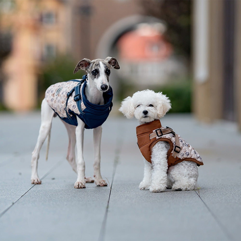 KFX-5100093 Warm Cotton-Padded Dog Clothes for Winter - Dark Blue & Amber, Sizes S to 2XL