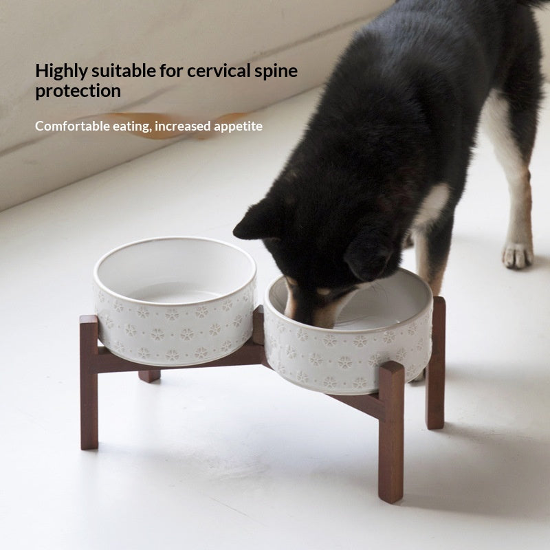 KFX-5105085 Ceramic Elevated Anti-Spill Cat and Dog Bowl with Dual-Bowl Design - Various Sizes Available