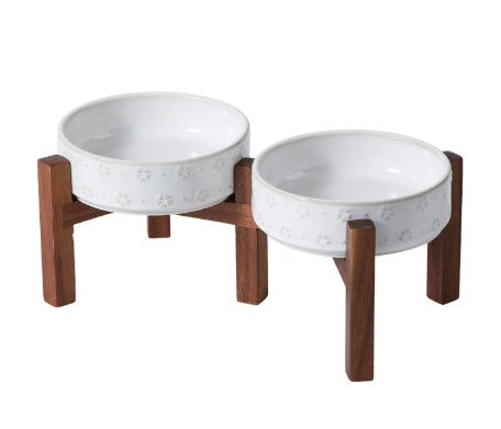 KFX-5105085 Ceramic Elevated Anti-Spill Cat and Dog Bowl with Dual-Bowl Design - Various Sizes Available