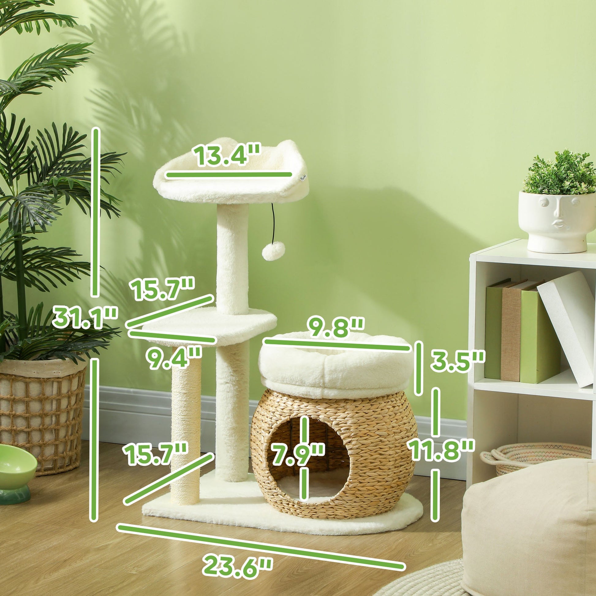 KFX-5110333 31" Cream White Cat Tree Tower with Scratching Posts, Two Cozy Beds, and Toy Ball for 1-2 Cats Up to 11 lbs