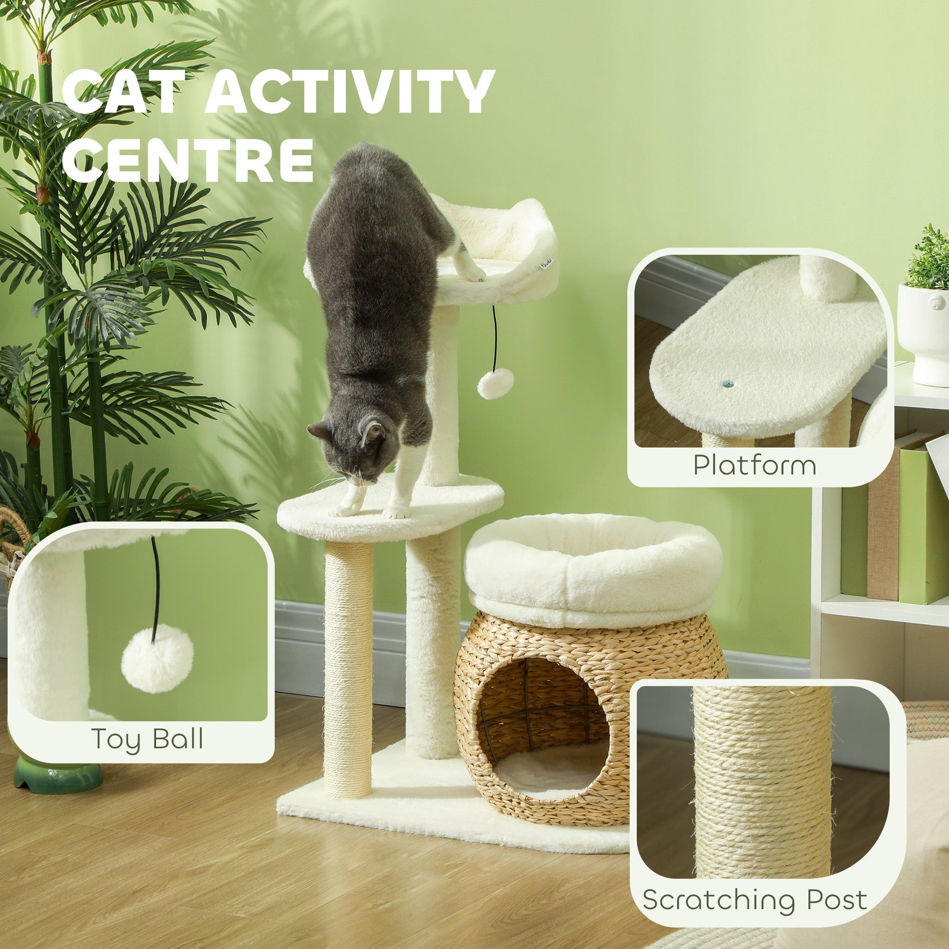 KFX-5110333 31" Cream White Cat Tree Tower with Scratching Posts, Two Cozy Beds, and Toy Ball for 1-2 Cats Up to 11 lbs