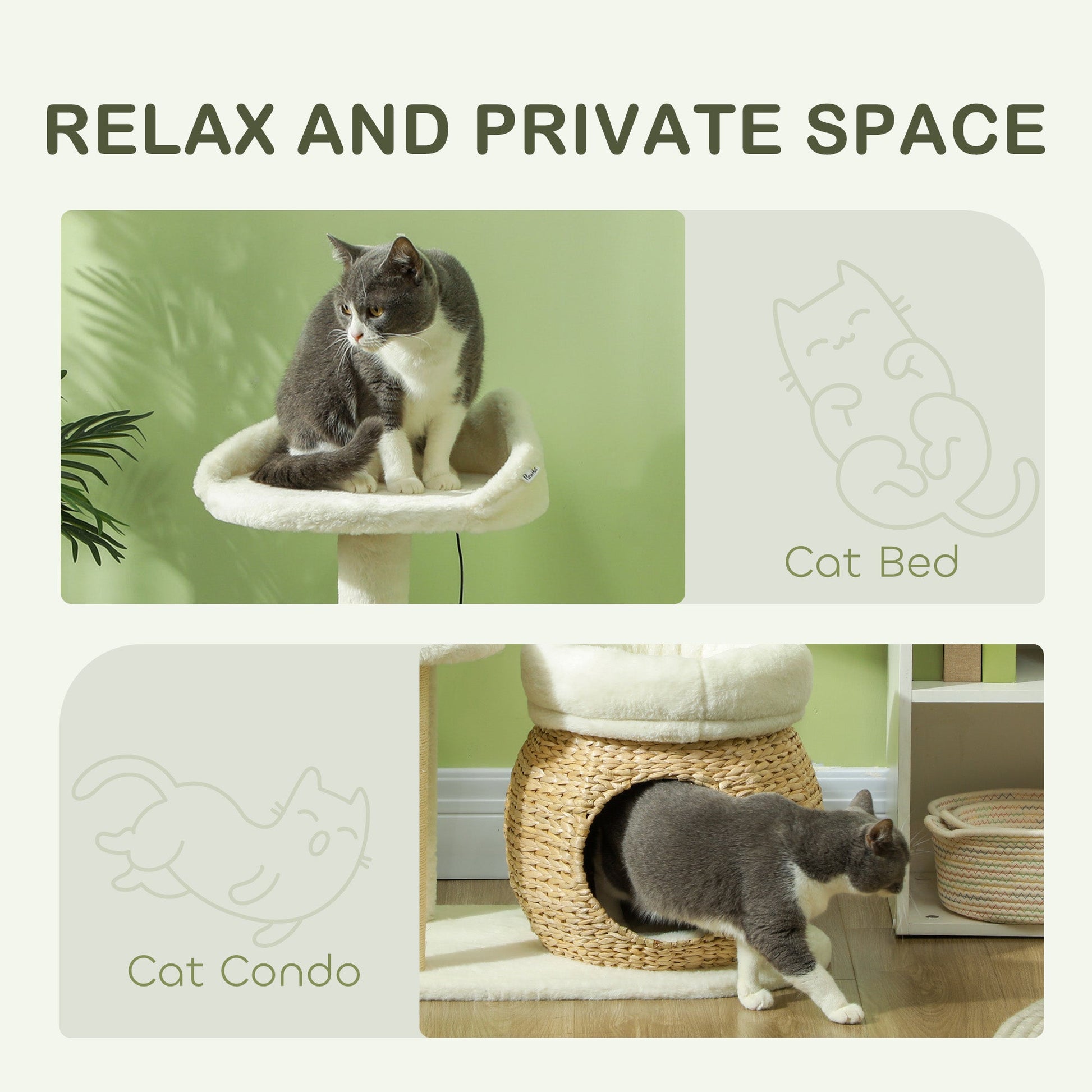 KFX-5110333 31" Cream White Cat Tree Tower with Scratching Posts, Two Cozy Beds, and Toy Ball for 1-2 Cats Up to 11 lbs