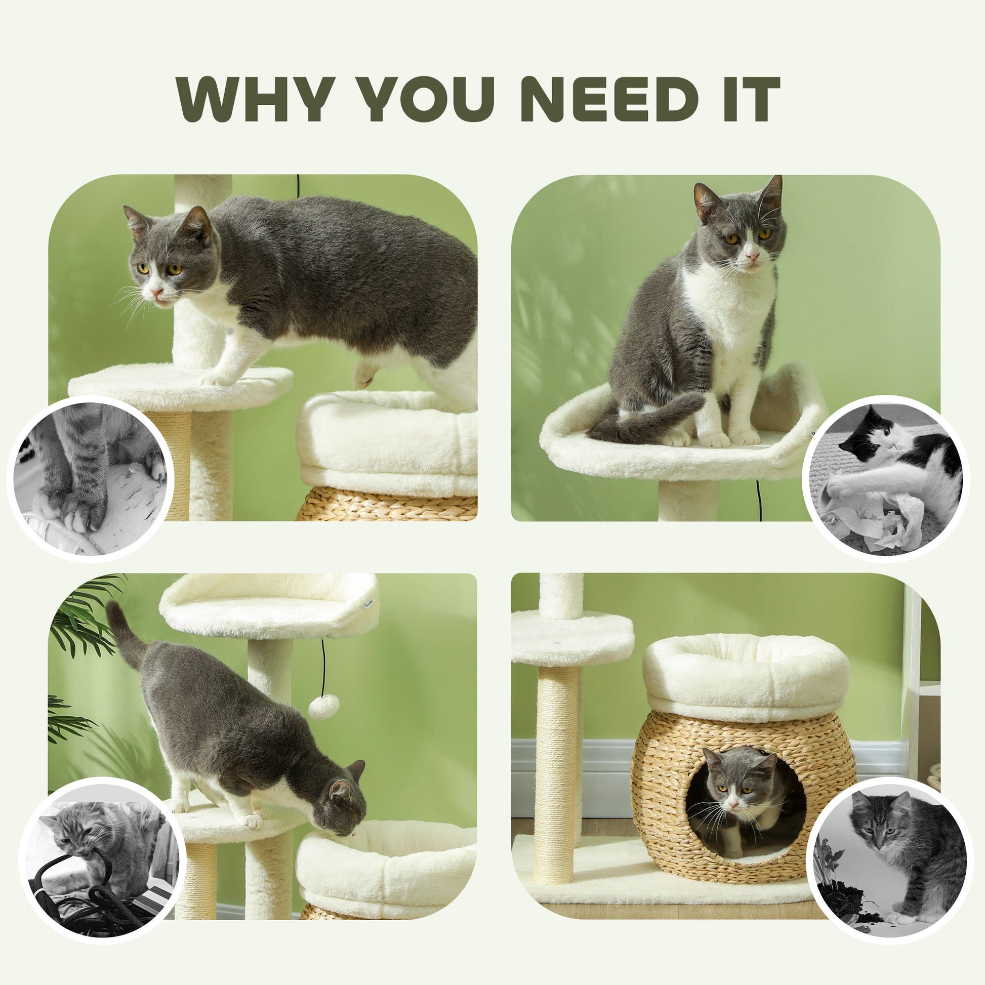 KFX-5110333 31" Cream White Cat Tree Tower with Scratching Posts, Two Cozy Beds, and Toy Ball for 1-2 Cats Up to 11 lbs