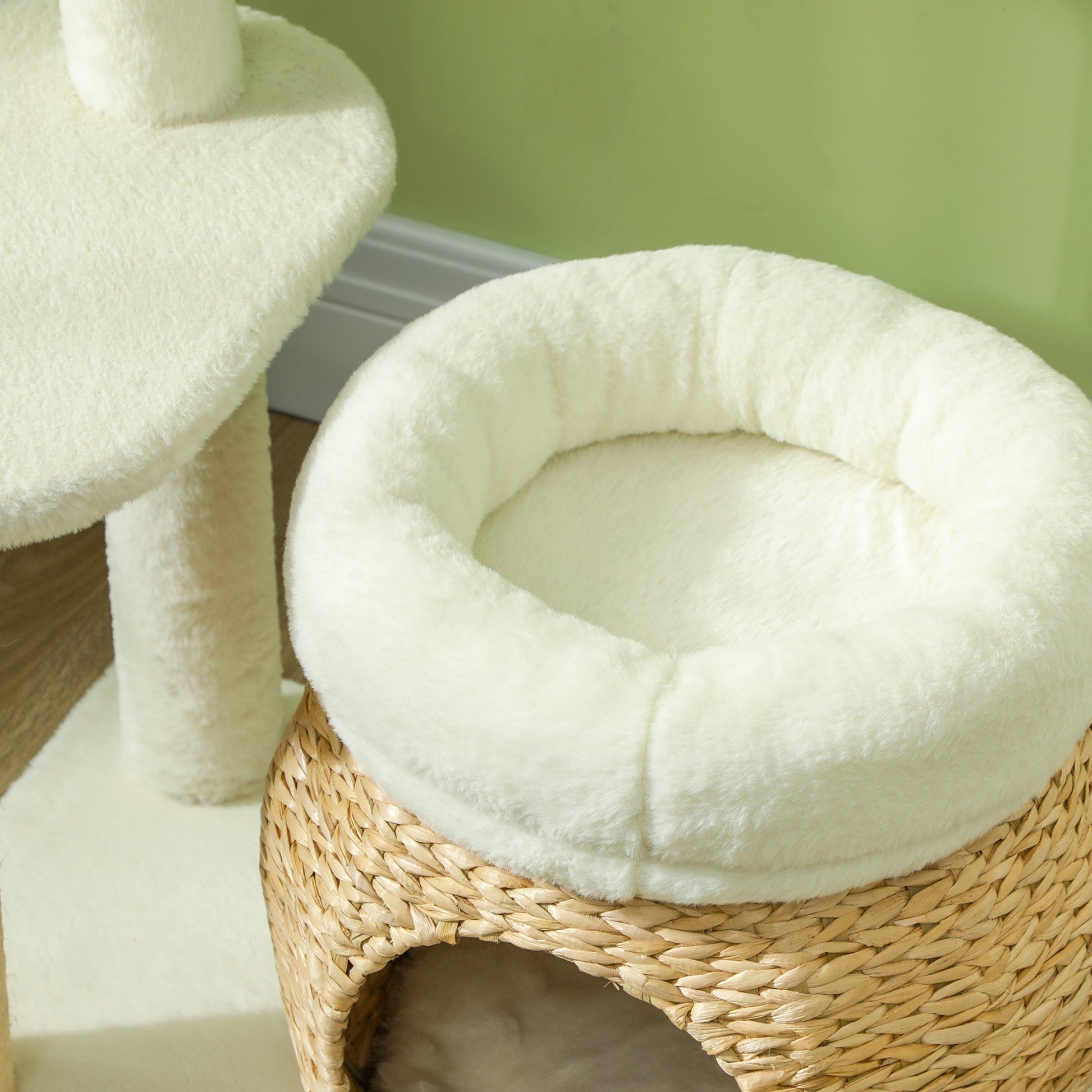 KFX-5110333 31" Cream White Cat Tree Tower with Scratching Posts, Two Cozy Beds, and Toy Ball for 1-2 Cats Up to 11 lbs