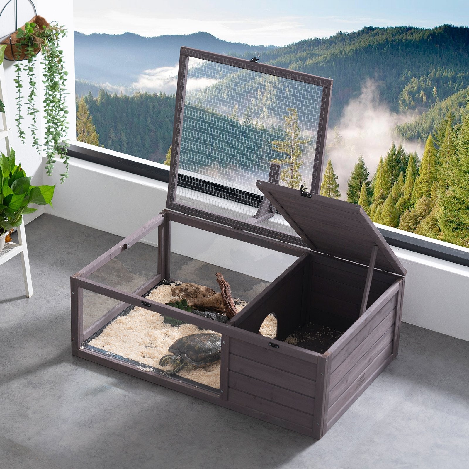 KFX-5110717 Spacious Wooden Tortoise House for Indoor & Outdoor Use - 2 Rooms, 38x24x13in