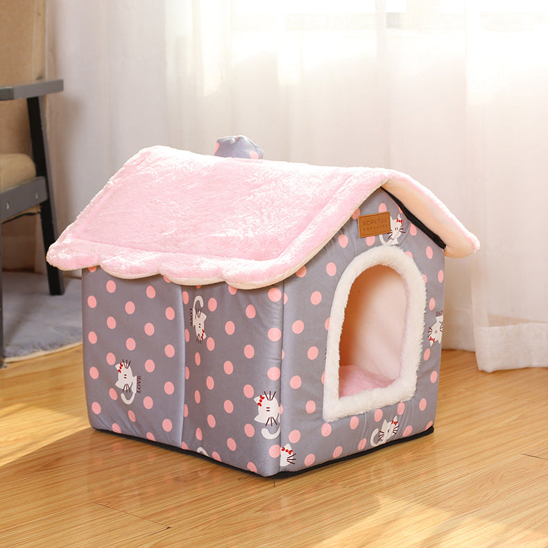 KFX-5111101 Creative Removable and Washable Cat Nest in Light Green with Gray Stars and Pink Dots - S, M, L Sizes Available