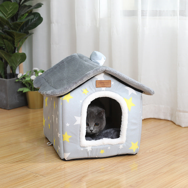 KFX-5111101 Creative Removable and Washable Cat Nest in Light Green with Gray Stars and Pink Dots - S, M, L Sizes Available