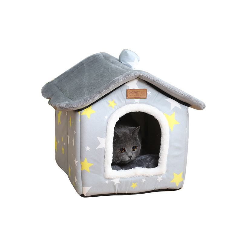 KFX-5111101 Creative Removable and Washable Cat Nest in Light Green with Gray Stars and Pink Dots - S, M, L Sizes Available