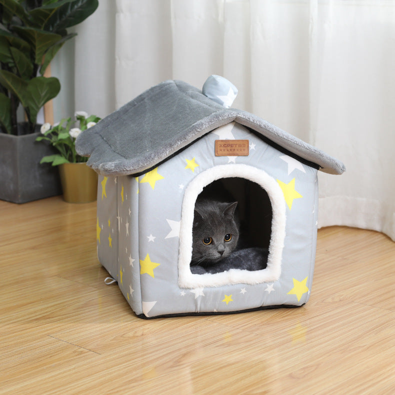 KFX-5111101 Creative Removable and Washable Cat Nest in Light Green with Gray Stars and Pink Dots - S, M, L Sizes Available