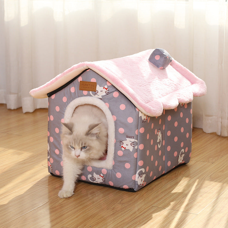 KFX-5111101 Creative Removable and Washable Cat Nest in Light Green with Gray Stars and Pink Dots - S, M, L Sizes Available