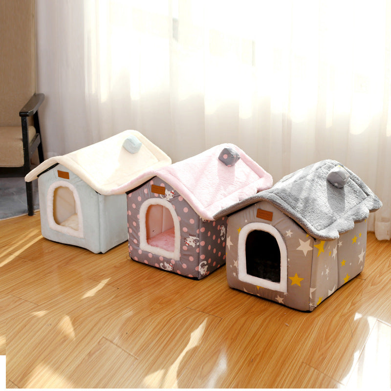 KFX-5111101 Creative Removable and Washable Cat Nest in Light Green with Gray Stars and Pink Dots - S, M, L Sizes Available