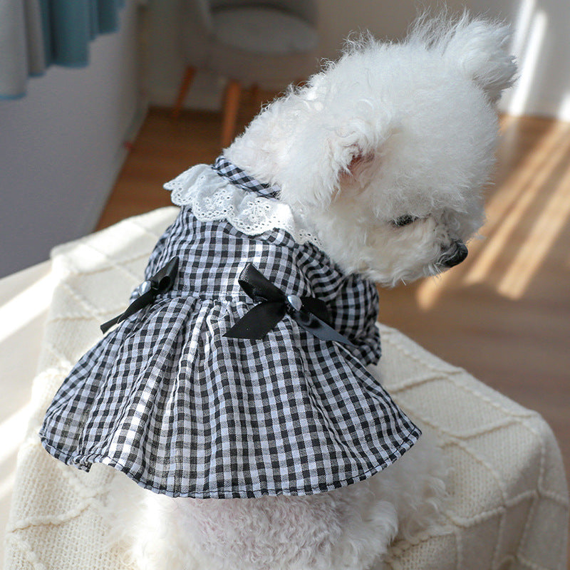 KFX-5113405 Black and White Plaid Pet Skirt with Bow and Lace Collar for Dogs and Cats