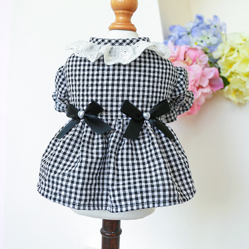 KFX-5113405 Black and White Plaid Pet Skirt with Bow and Lace Collar for Dogs and Cats