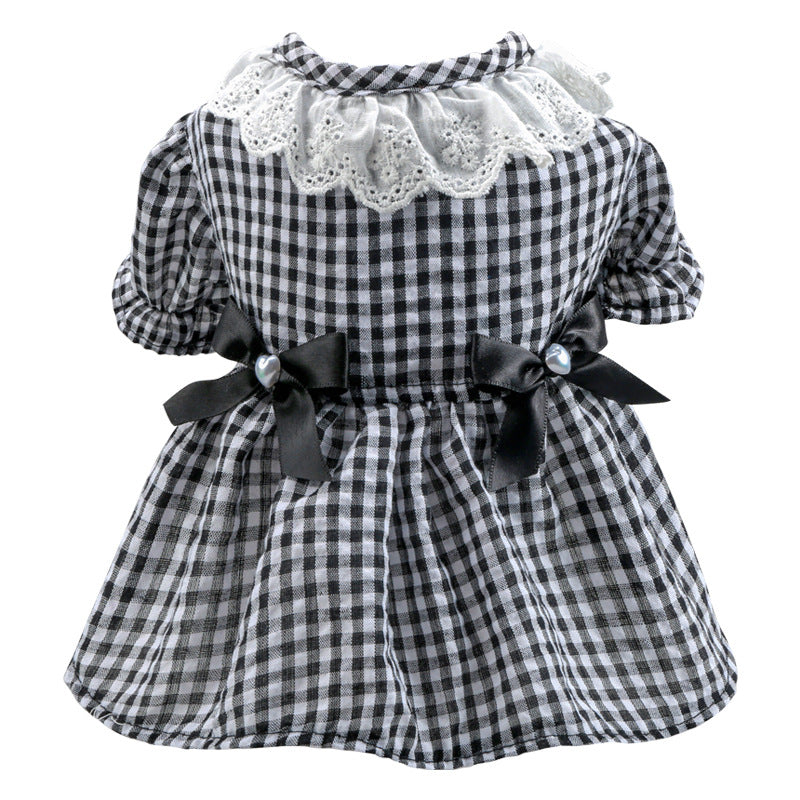 KFX-5113405 Black and White Plaid Pet Skirt with Bow and Lace Collar for Dogs and Cats