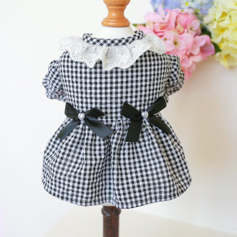 KFX-5113405 Black and White Plaid Pet Skirt with Bow and Lace Collar for Dogs and Cats