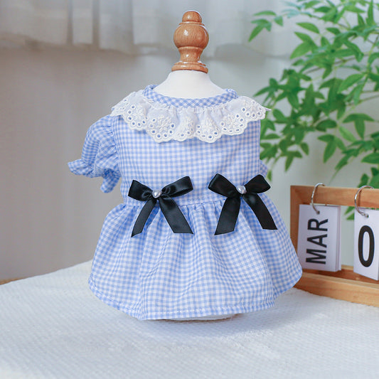 KFX-5113405 Black and White Plaid Pet Skirt with Bow and Lace Collar for Dogs and Cats