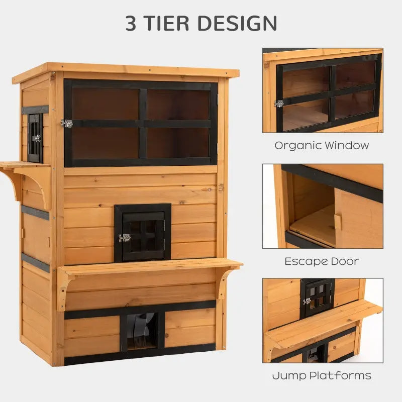 KFX-5116477 3-Tier Cat Shelter with 5 Escape Doors, Weather-Resistant Fir Wood, Yellow & Black