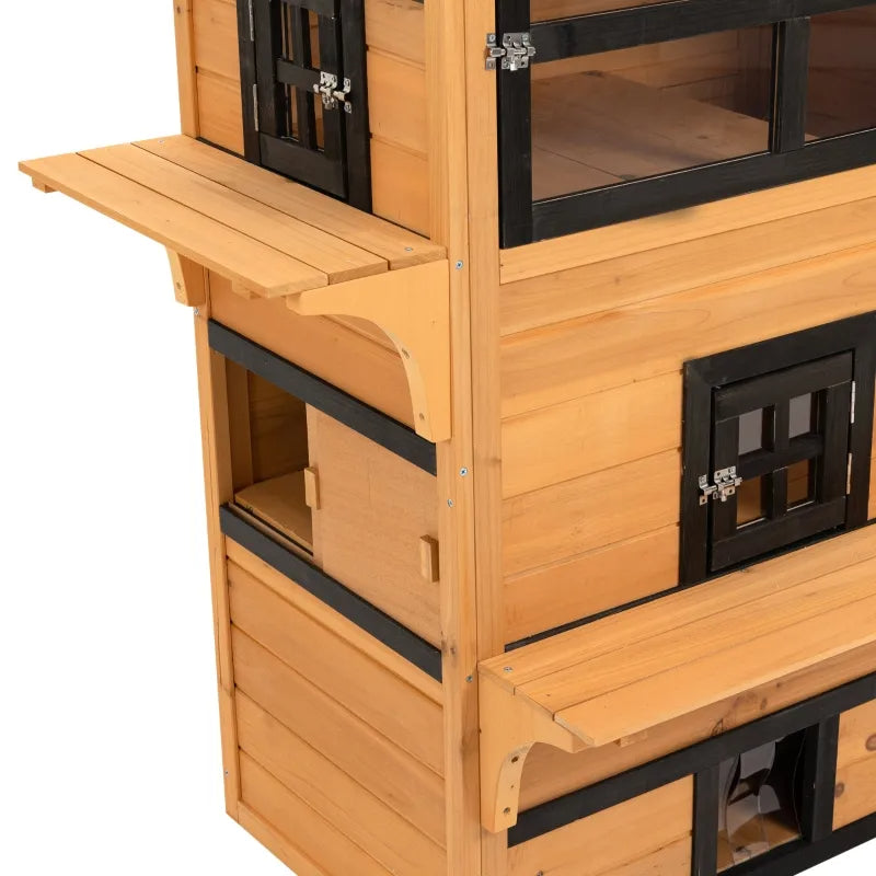 KFX-5116477 3-Tier Cat Shelter with 5 Escape Doors, Weather-Resistant Fir Wood, Yellow & Black