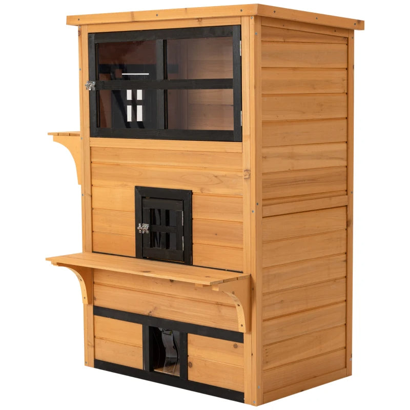 KFX-5116477 3-Tier Cat Shelter with 5 Escape Doors, Weather-Resistant Fir Wood, Yellow & Black
