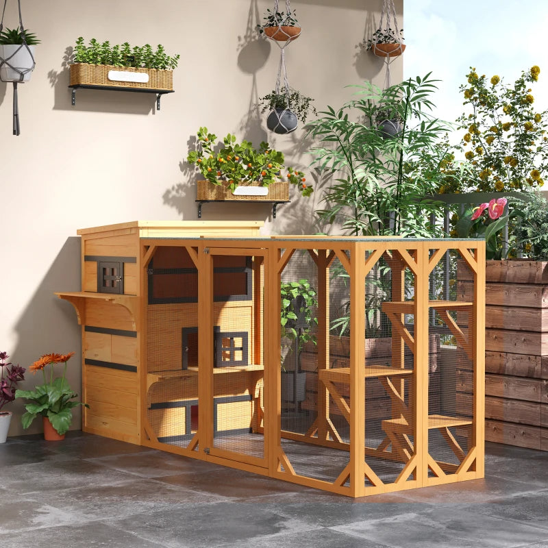 KFX-5116477 3-Tier Cat Shelter with 5 Escape Doors, Weather-Resistant Fir Wood, Yellow & Black