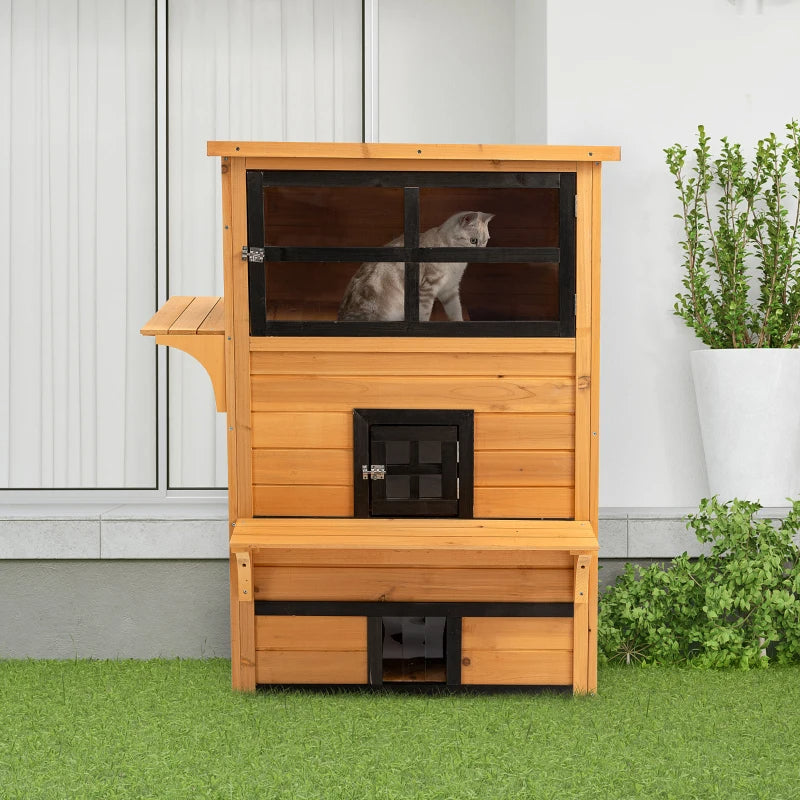 KFX-5116477 3-Tier Cat Shelter with 5 Escape Doors, Weather-Resistant Fir Wood, Yellow & Black