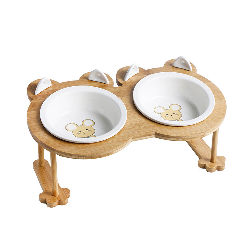 KFX-5118781 Tilted Ceramic Cat and Dog Bowl with Bamboo Stand - Heat-Resistant, Non-Slip Design