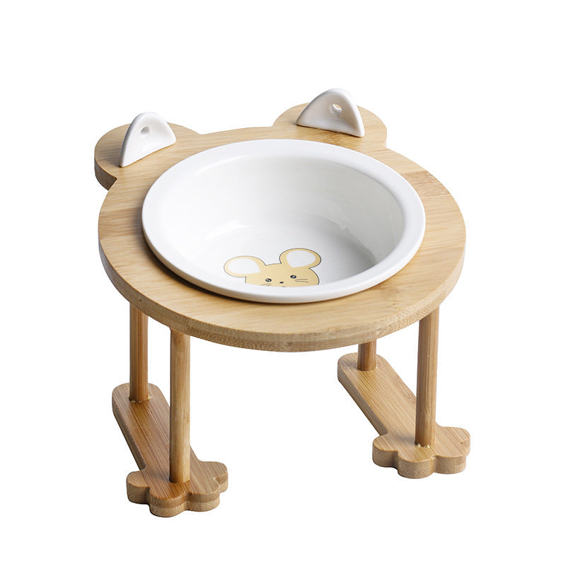 KFX-5118781 Tilted Ceramic Cat and Dog Bowl with Bamboo Stand - Heat-Resistant, Non-Slip Design