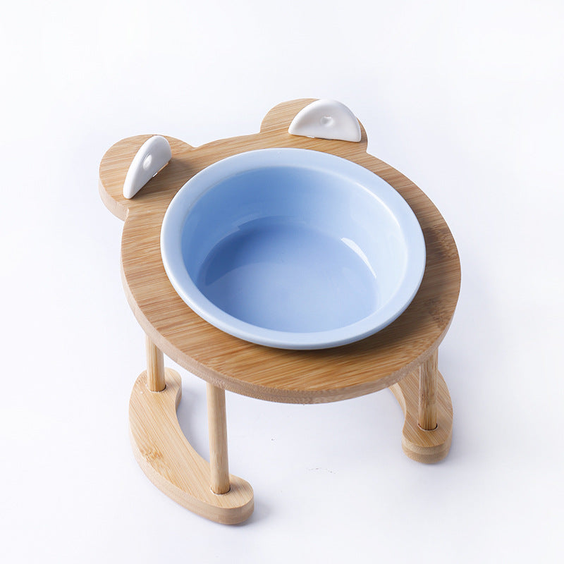 KFX-5118781 Tilted Ceramic Cat and Dog Bowl with Bamboo Stand - Heat-Resistant, Non-Slip Design