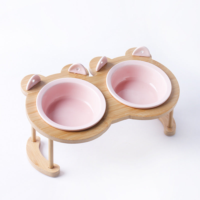 KFX-5118781 Tilted Ceramic Cat and Dog Bowl with Bamboo Stand - Heat-Resistant, Non-Slip Design