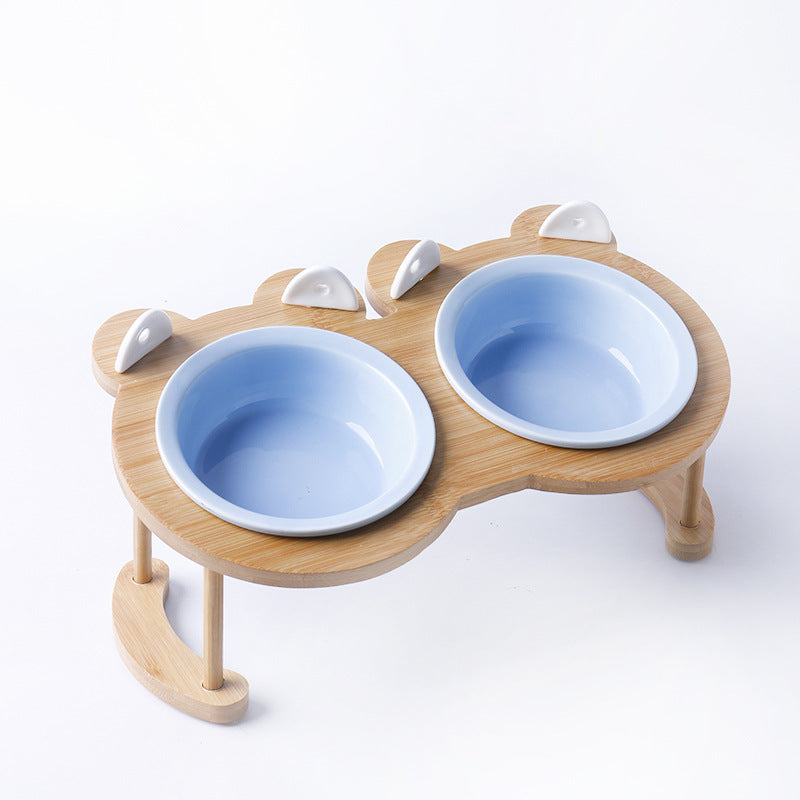 KFX-5118781 Tilted Ceramic Cat and Dog Bowl with Bamboo Stand - Heat-Resistant, Non-Slip Design