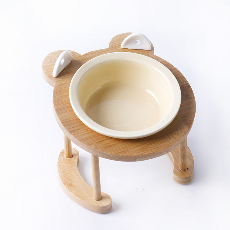 KFX-5118781 Tilted Ceramic Cat and Dog Bowl with Bamboo Stand - Heat-Resistant, Non-Slip Design
