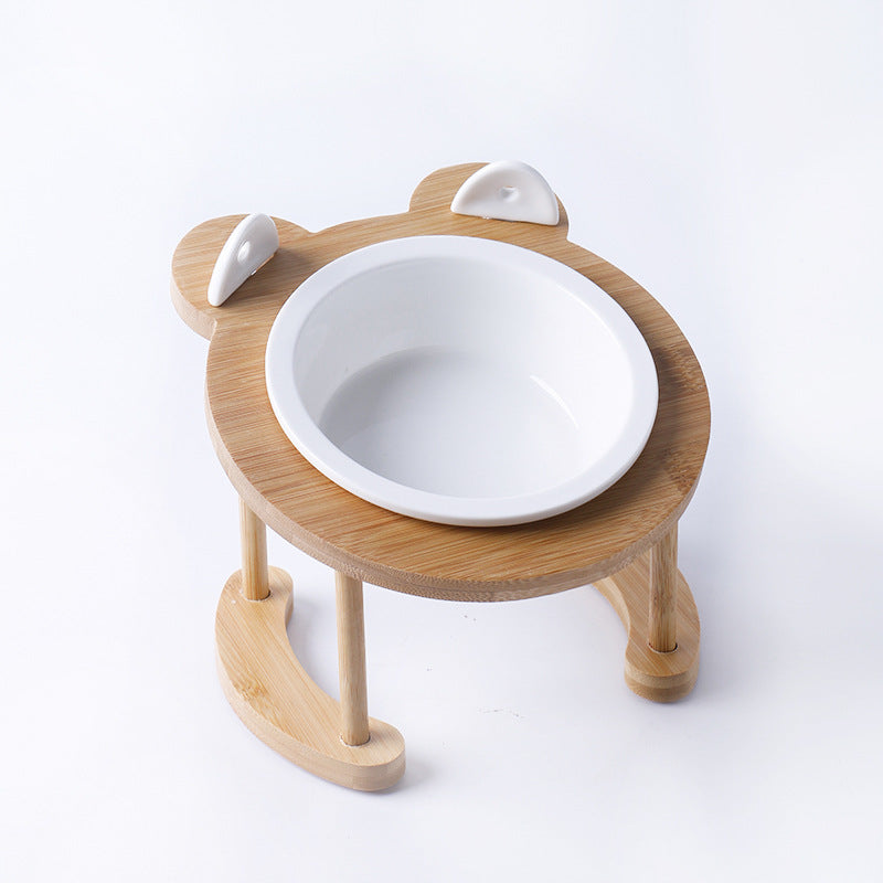 KFX-5118781 Tilted Ceramic Cat and Dog Bowl with Bamboo Stand - Heat-Resistant, Non-Slip Design