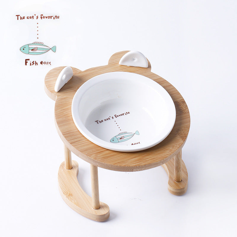 KFX-5118781 Tilted Ceramic Cat and Dog Bowl with Bamboo Stand - Heat-Resistant, Non-Slip Design