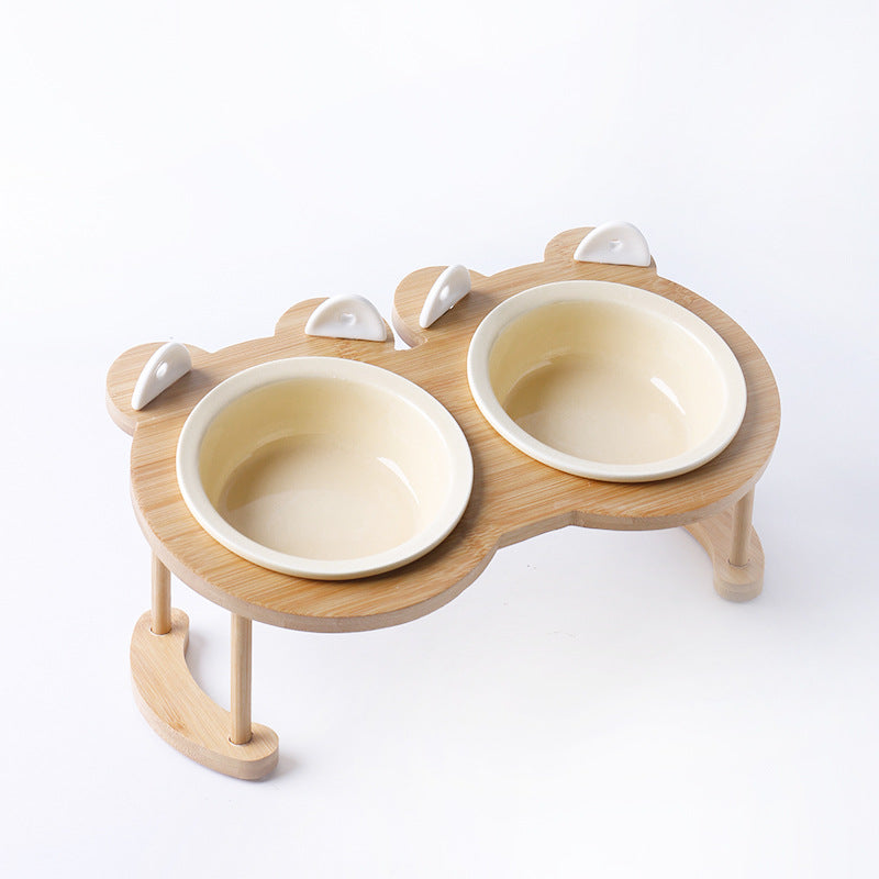 KFX-5118781 Tilted Ceramic Cat and Dog Bowl with Bamboo Stand - Heat-Resistant, Non-Slip Design