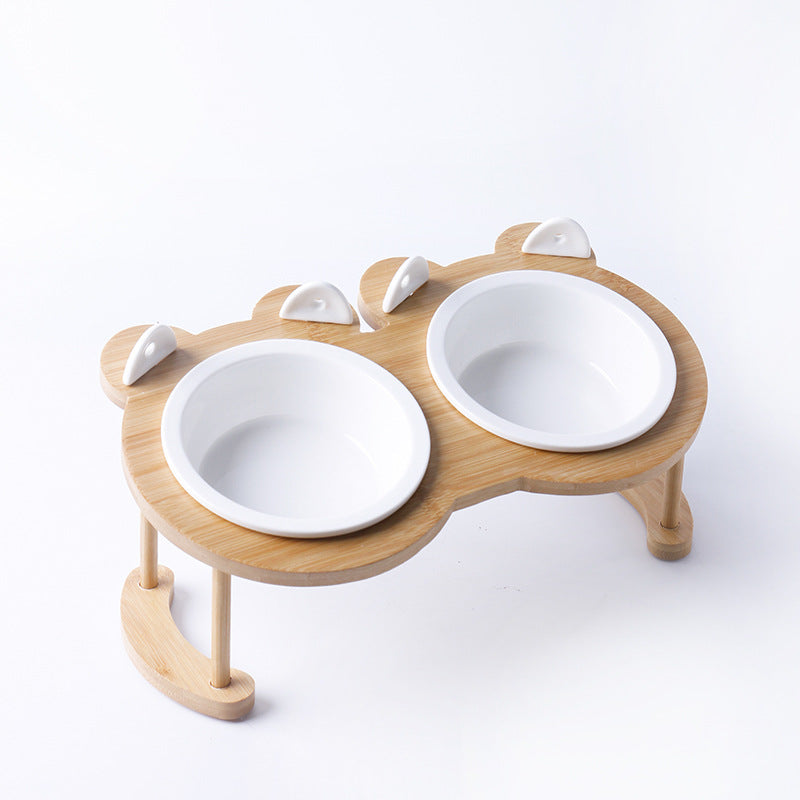 KFX-5118781 Tilted Ceramic Cat and Dog Bowl with Bamboo Stand - Heat-Resistant, Non-Slip Design
