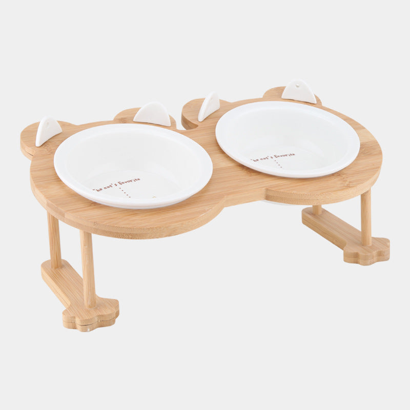 KFX-5118781 Tilted Ceramic Cat and Dog Bowl with Bamboo Stand - Heat-Resistant, Non-Slip Design