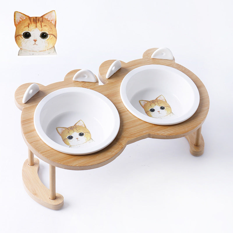 KFX-5118781 Tilted Ceramic Cat and Dog Bowl with Bamboo Stand - Heat-Resistant, Non-Slip Design