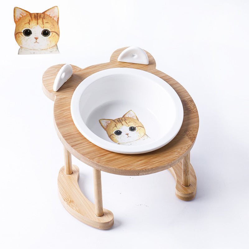 KFX-5118781 Tilted Ceramic Cat and Dog Bowl with Bamboo Stand - Heat-Resistant, Non-Slip Design