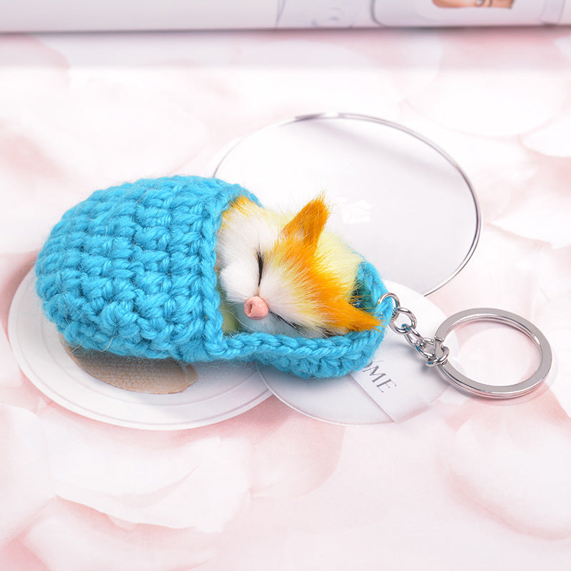 KFX-5119037 Sleeping Cat Metal Key Ring with Soft Wool Cloth Attachment