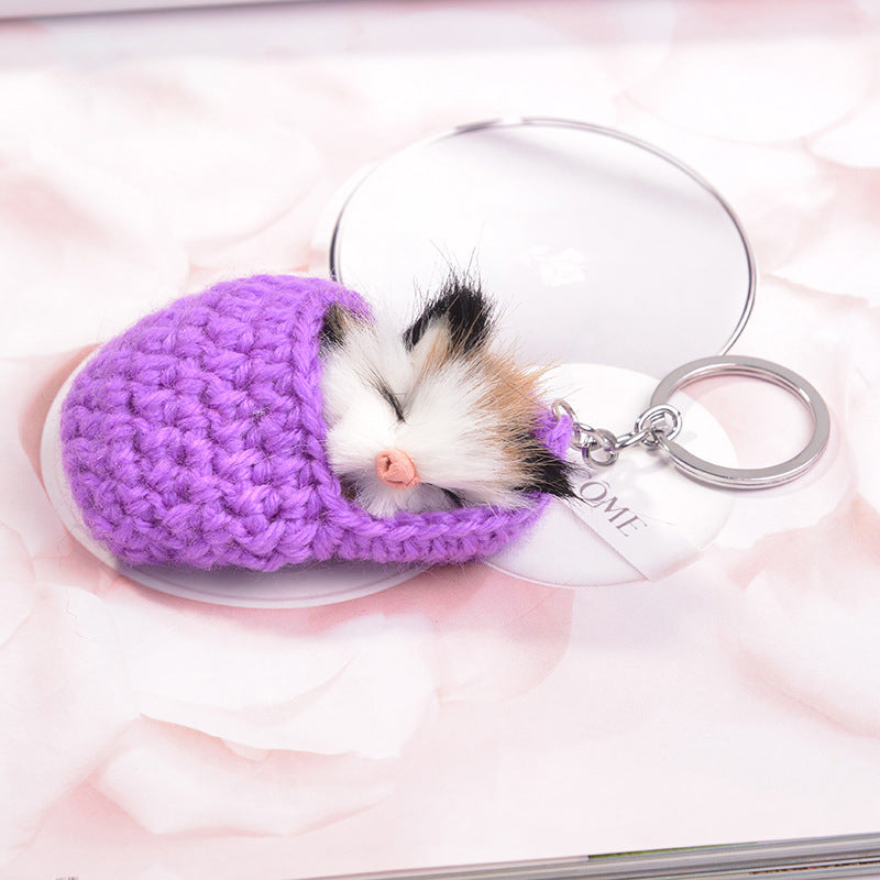 KFX-5119037 Sleeping Cat Metal Key Ring with Soft Wool Cloth Attachment