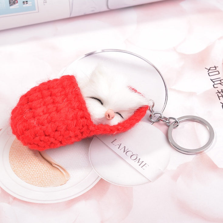 KFX-5119037 Sleeping Cat Metal Key Ring with Soft Wool Cloth Attachment