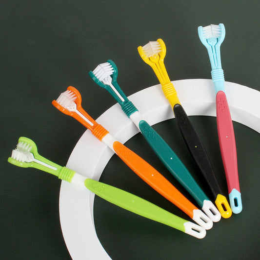 KFX-5120445 Three-Headed Pet Toothbrush for Effective Oral Cleaning - Grass Green, Dark Green, Yellow-Black, Blue-Red, Orange